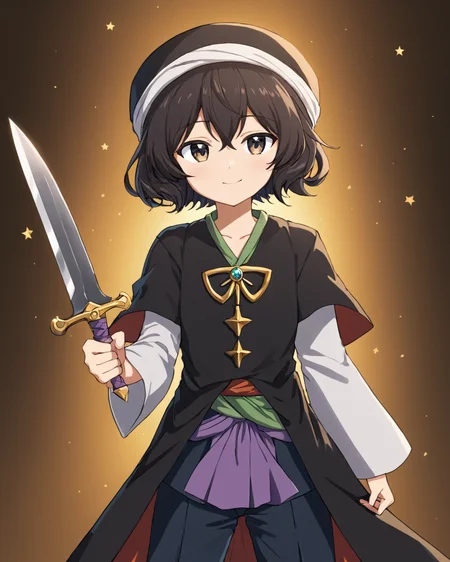 enraku tsubakura,androgynous, turban, smile, 1other, solo, knife, holding_weapon, closed_mouth, cape, pants
<lora:enraku_tsubakura_image217_fp16_2024-01-03:1>,star-shaped_pupils,symbol-shaped_pupils,. gorgeous,key visual, vibrant, studio anime,award-winning, professional, highly detailed,high budget, cinemascope
