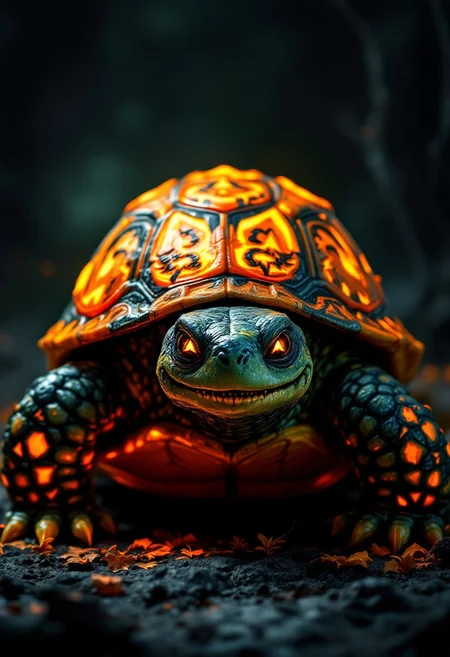 "Create a hyper-stylistic image of a Halloween turtle with a Jack-O-Lantern shell. The turtle's shell is a vibrant, glowing orange, with intricate carvings and details that resemble a classic Jack-O-Lantern. The shell is adorned with a mischievous, toothy grin and triangular eyes that seem to gleam with a wicked light. The turtle's body is a deep, rich green, with subtle shading and texture that gives it a lifelike quality. The background is a dark, eerie black, with subtle shading and texture that suggests a spooky, mysterious atmosphere. Incorporate intricate details and textures to bring the turtle and its shell to life, with a focus on capturing the playful, mischievous spirit of Halloween." highest-Quality, intricate details, visually stunning, Masterpiece