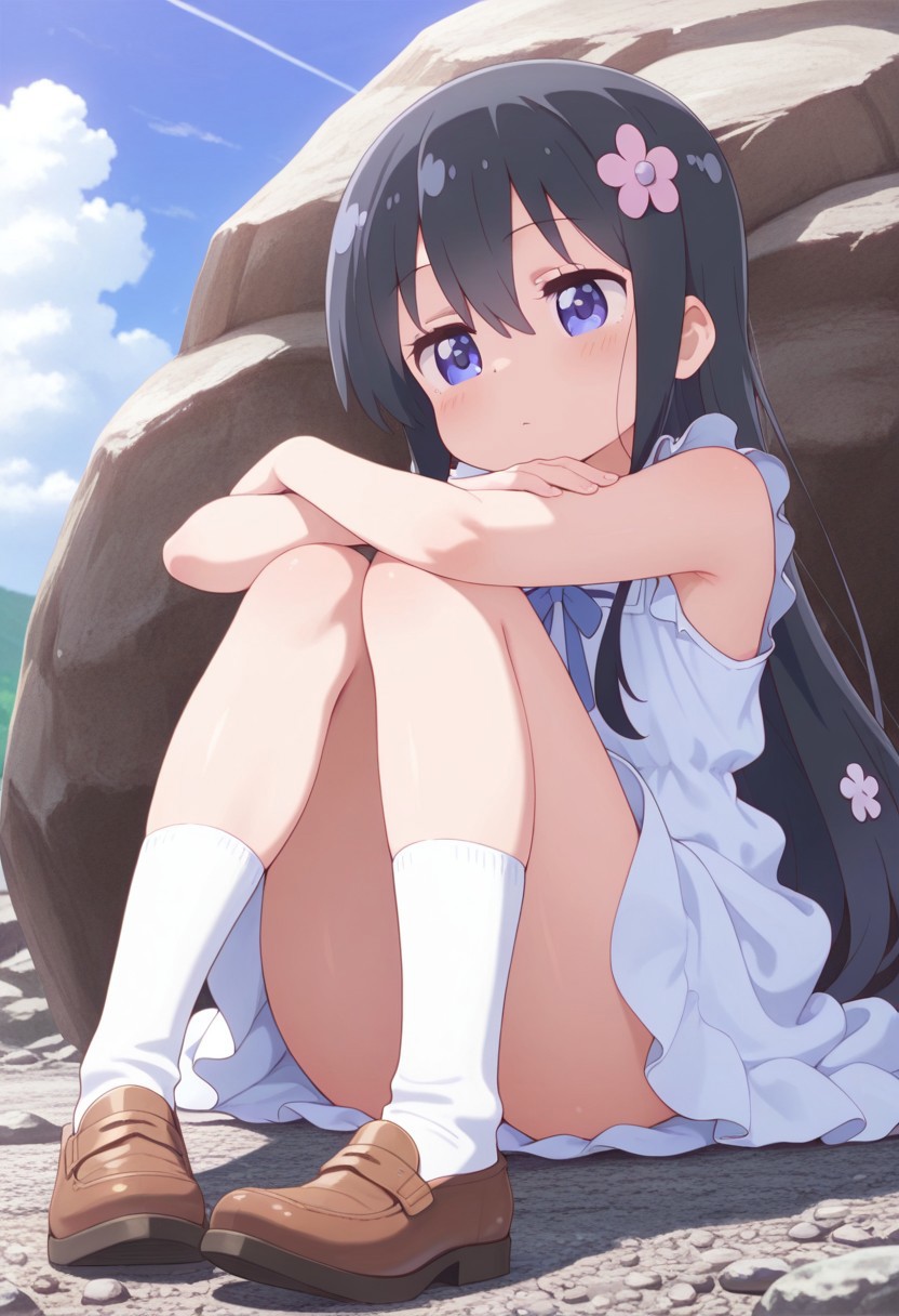 masterpiece,best quality,amazing quality, shirosaki hana, long hair, black hair, blue eyes, 1girl, solo, sky, sitting, shoes, day, dress, cloud, hair flower, outdoors, hair ornament, flower, white socks, rock
