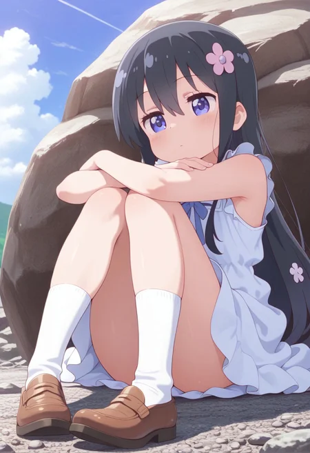 masterpiece,best quality,amazing quality, shirosaki hana, long hair, black hair, blue eyes, 1girl, solo, sky, sitting, shoes, day, dress, cloud, hair flower, outdoors, hair ornament, flower, white socks, rock