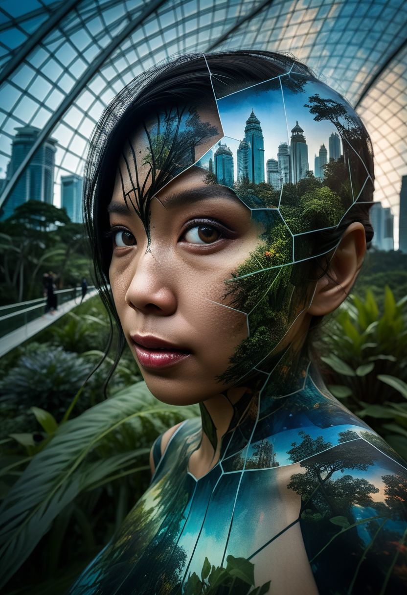 Close-up, mysterious silhouette of a singaporean woman, gardens by the bay in singapore, goddess, alluring, by Minjae Lee, Carne Griffiths, Emily Kell, Steve McCurry, Geoffroy Thoorens, Aaron Horkey, Jordan Grimmer, Greg Rutkowski, amazing depth, double exposure, surreal, geometric patterns, intricately detailed, bokeh,  perfect balanced, deep fine borders, artistic photorealism , smooth,  great masterwork by Suiras  <lora:add-detail-xl:2>  <lora:Double_Exposure:0.5>