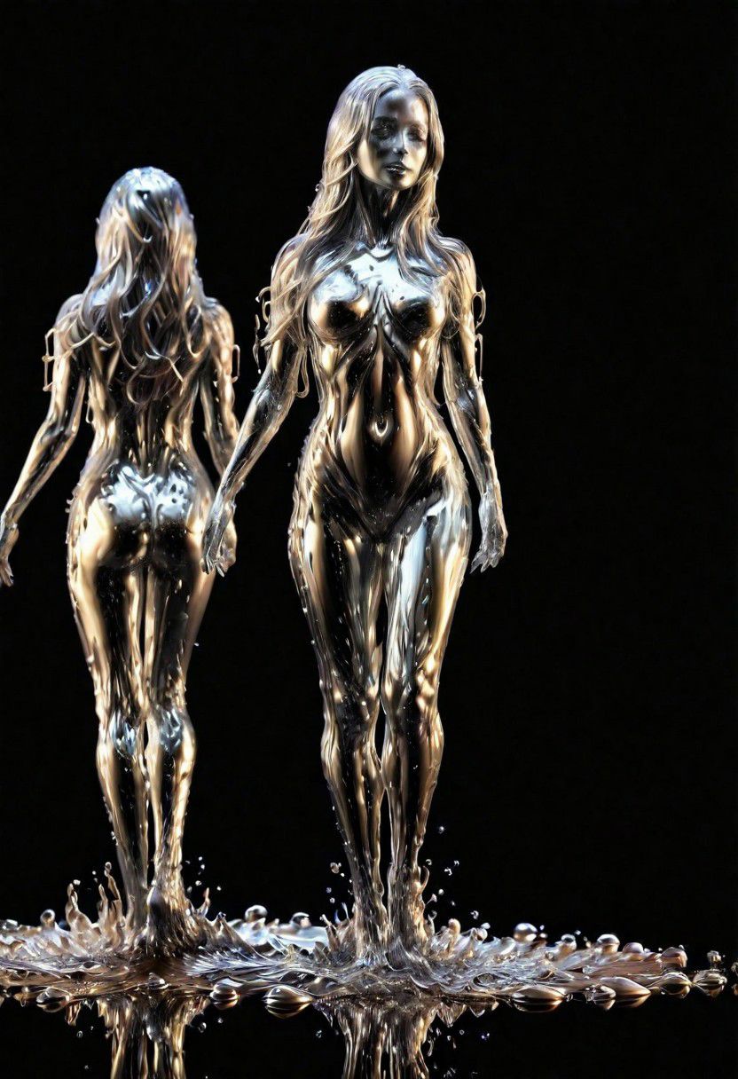 (masterpiece,best quality,ultra-detailed,best illustration:1.3), 1woman, melting, smooth shiny full length metal body, reflection mirror finish, shiny, smooth liquid metal long hair, simple black background
