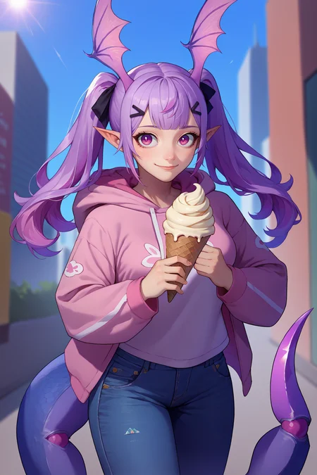 score_9, score_8_up, score_7_up, score_6_up, source_anime, 1girl, solo, <lora:manticore-pdxl-nvwls-v1-000004:1> defMC, lavender hair, twintails, long hair, purple eyes, hair ribbon, pointy ears, head wings, hairclip, pink hoodie, jeans, looking at you, medium breasts, happy, holding ice cream, city, sun, blue sky, tail