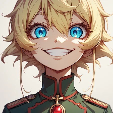 score_9, score_8_up, score_7_up,
TanyaDegurechaff,tunic, 1girl, solo, looking at viewer, smile, short hair, bangs, blue eyes, blonde hair, hair between eyes, grin, uniform, military, military uniform, portrait, close-up, evil smile, eye focus,score_9, source_anime
,<lora:TanyaPonyV2:0.8>