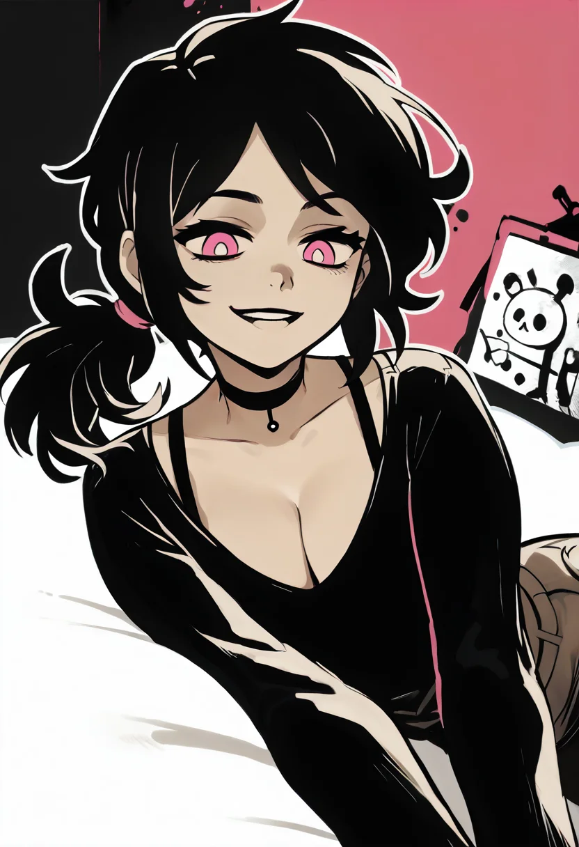 score_9, score_8_up, score_7_up, source_anime,   <lora:ashley4graves2pony-000004:0.9>, ashleygrav43es, 1girl, solo, breasts, cleavage, pants, smile, black hair, ponytail, pink eyes, choker, shirt, limited palette, lying, long sleeves,