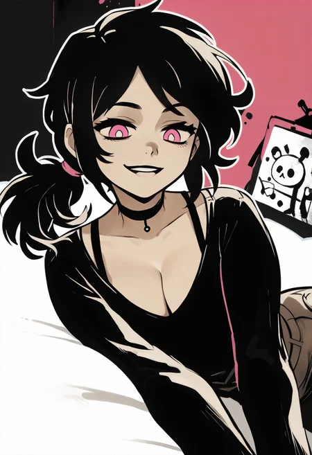 score_9, score_8_up, score_7_up, source_anime, <lora:ashley4graves2pony-000004:0.9>, ashleygrav43es, 1girl, solo, breasts, cleavage, pants, smile, black hair, ponytail, pink eyes, choker, shirt, limited palette, lying, long sleeves,