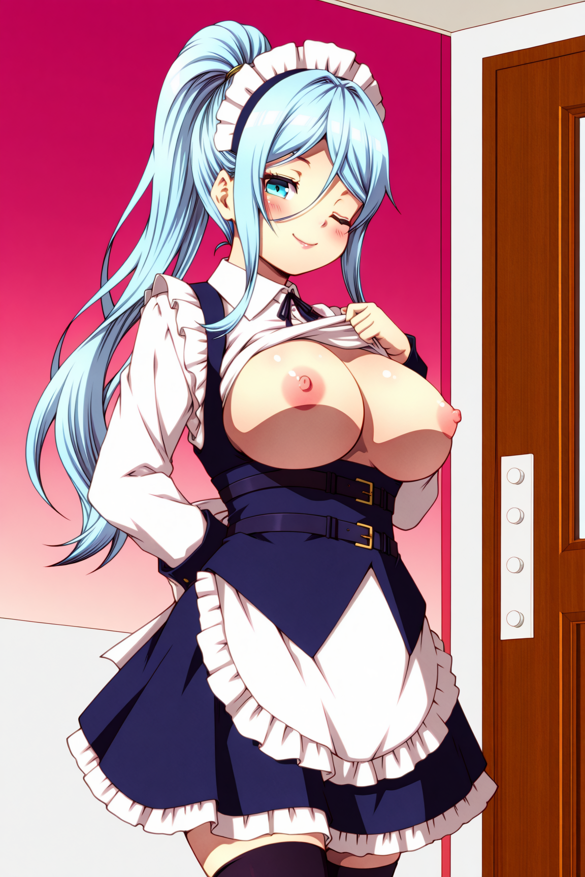 sylpha, long_hair, blue_hair, hair_between_eyes, ponytail, sidelocks, blue_eyes, blush, maid_headdress, large_breasts, maid, collared_shirt, white shirt, underbust, chest_harness, long_sleeves, blue_dress, maid_apron, frills, black_thighhighs