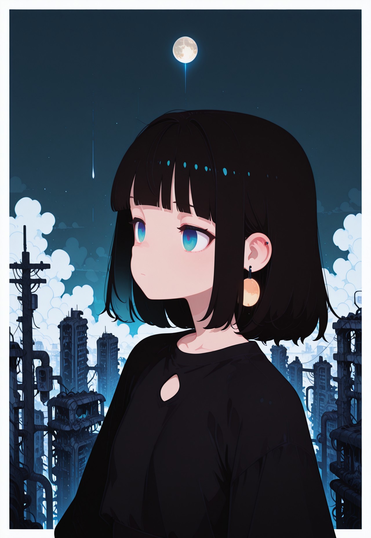 masterpiece, best quality,
((cinematic lighting, dynamic lighting)) ,
((close up shot)),
midnight, shadowy,

1girl,

(from above),

medium hair , blunt bangs ,

ultra detailed eyes, (flat chest), [[[abs]]],

sister outfit, ear pierces,

BREAK
simple gradient turquoise background with thick white border,
abandoned asian city background, symmetric clouds, moon in sky,
fl4t, flat color,