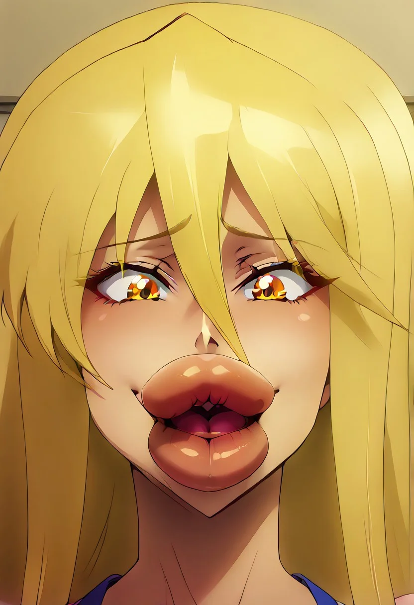 very high resolution, highres, absurd res, high rating,  masterpiece, best quality, thick girl, blonde hair, gigantic breast, gigantic thighs, gigantic hips, smiling, enormous lips, bimbo lips, close up, very long hair, very large hair, OverallDetail, shizuka marikawa, long hair, blonde hair, very long hair, low-tied long hair, yellow eyes, hair between eyes,