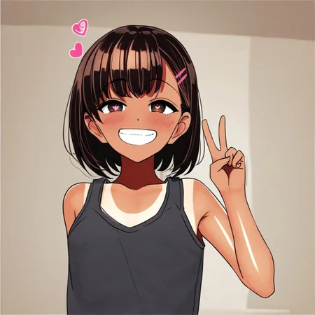 score_9, score_8_up, score_7_up, 1girl, one-piece tan, flat chest, brown eyes , indoors, brown hair, medium hair, slim waist, hair clip<lora:Motsuaki_StyleV1_r1:0.8>, solo, aroused, smug smile, blush, tank top, upper body, heart shaped pupils, teeth, peace sign
