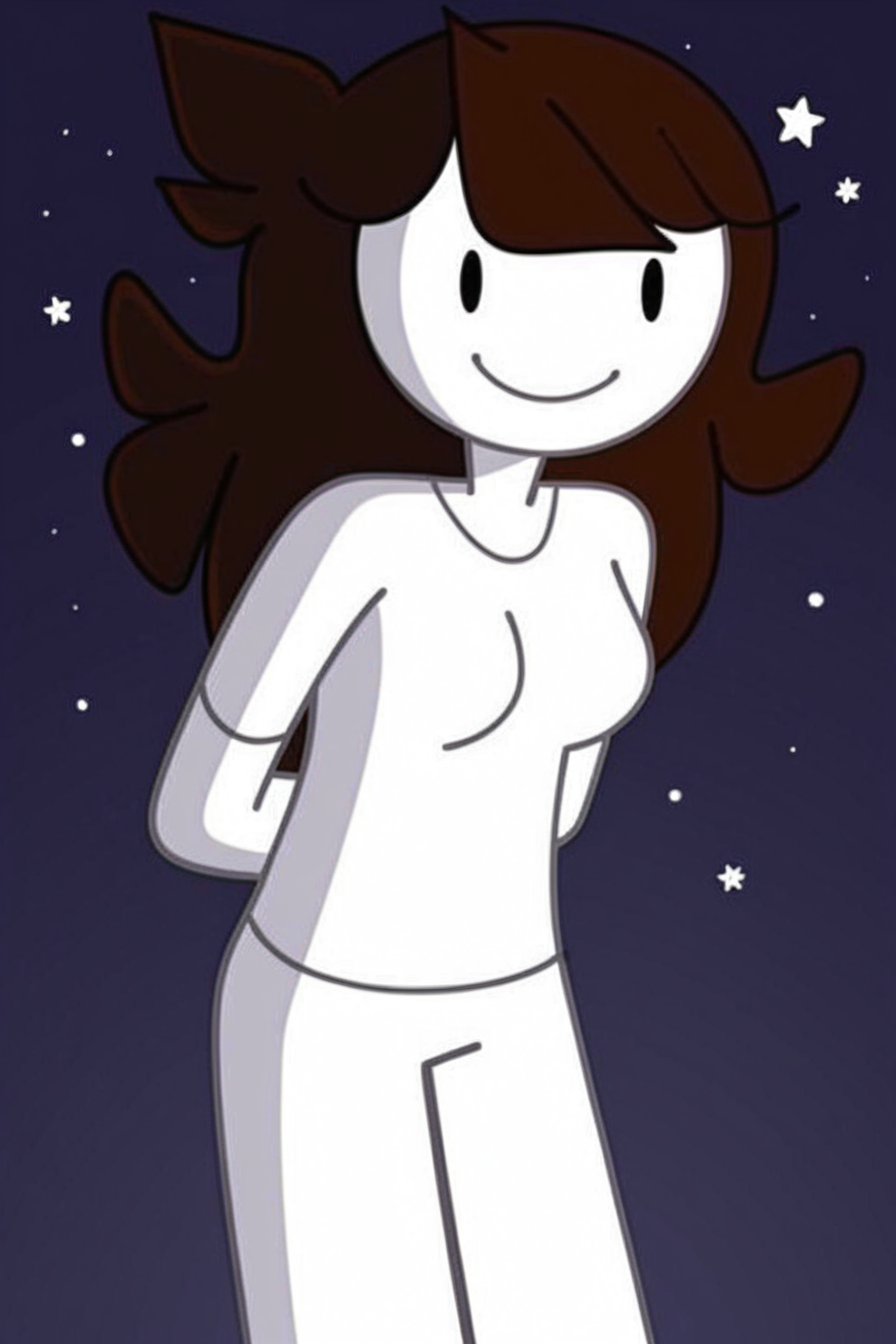feminine, masterpiece, best quality, newest, absurdres, jaiden_a, 1girl, cartoon, brown hair, white skin, black eyes, medium breasts, leaning forward, seductive, alluring, arms behind back, looking at viewer,
BREAK
dark background, dynamic background, stars, night, outdoor,  <lora:Jaiden_A_Pony:1>