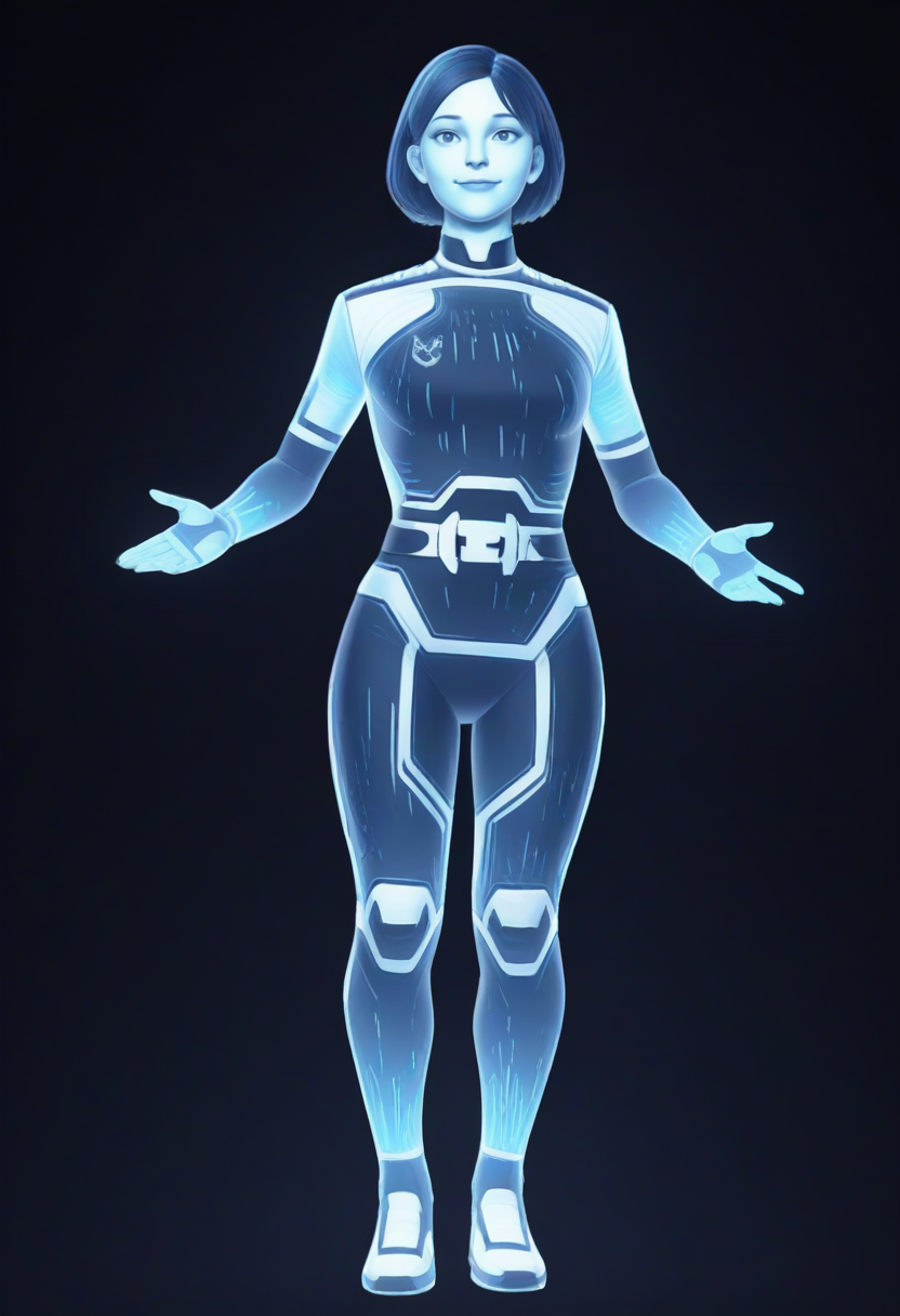 masterpiece, best quality, high quality, full body,
1girl, solo, USTheWeapon, blue skin, holographic girl,
standing, dynamic pose, 
facing viewer, looking at viewer, light smile, (parted lips:0.7),
simple background, dark background,
<lora:USTheWeaponIL:0.8>,