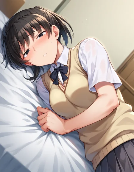 score_9, score_8_up, score_7_up, source_anime,
hibikitsukahara, <lora:hibiki-tsukahara-ponyxl-lora-nochekaiser:1>
hibiki tsukahara, black eyes, black hair, ponytail, narrow eyes, slanted eyes,
kibito high school uniform, school uniform, sweater vest,
indoors, bed, bed room, on side, blush, drunk,
looking at viewer, dutch angle, cowboy shot,