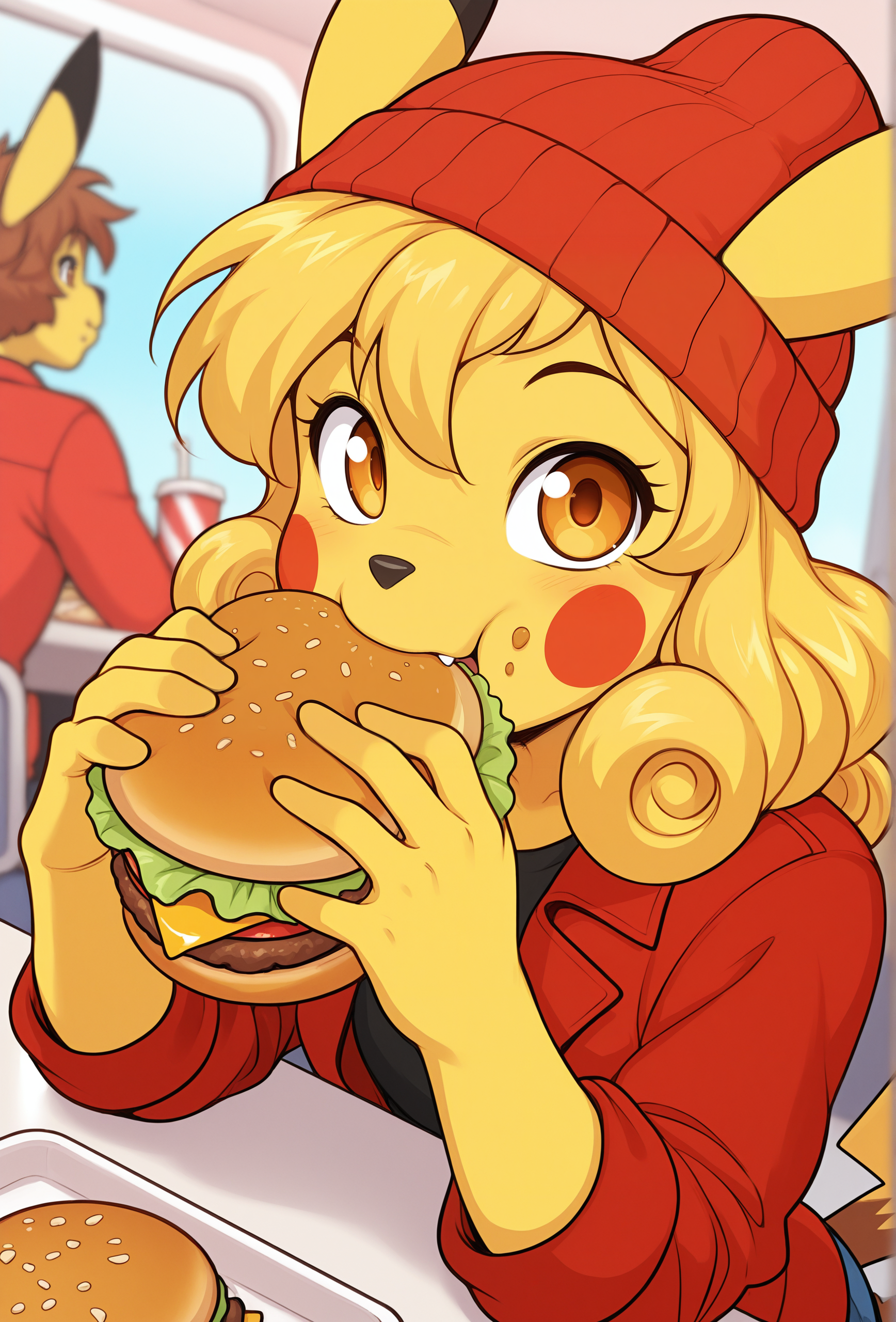 masterpiece,best quality,amazing quality, <lora:tokifuji_style_illustrious_v1f:0.85> tfujistyle, 1girl, furry, solo, pikachu, amber eyes, yellow hair, curly hair, red beanie, looking at viewer, eating, full mouth, BREAK
red jacket, diner, (people:0.8), solo focus, 50's, food, food on face, holding burger, (depth of field:1.2), burger malfunction,