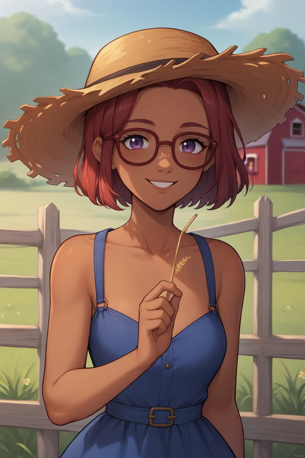 score_9, score_8_up, 1girl, solo, <lora:NSMaruStardew:1> NSMaruStardew, red hair, medium hair, dark skin, purple eyes, blue dress, outdoors, smile, glasses, straw hat, farm