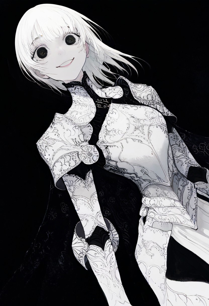 solo, looking at viewer, black eyes, black background, 1girl, long white hair, extremely pale skin, smiling, white and black armor, masterpiece,best quality,very aesthetic,absurdres
 <lora:monfornoob:0.95>