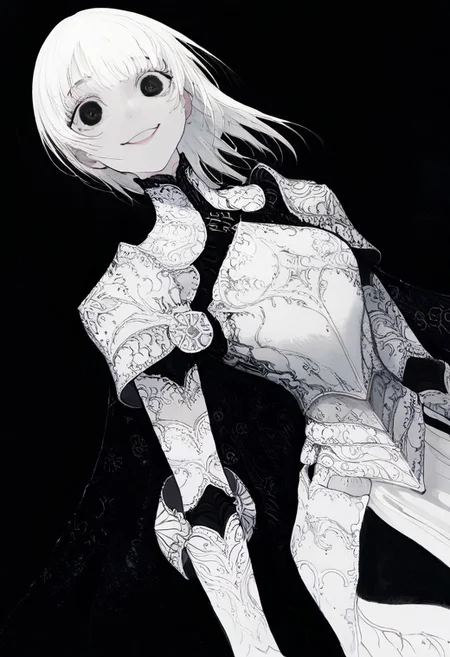 solo, looking at viewer, black eyes, black background, 1girl, long white hair, extremely pale skin, smiling, white and black armor, masterpiece,best quality,very aesthetic,absurdres
 <lora:monfornoob:0.95>