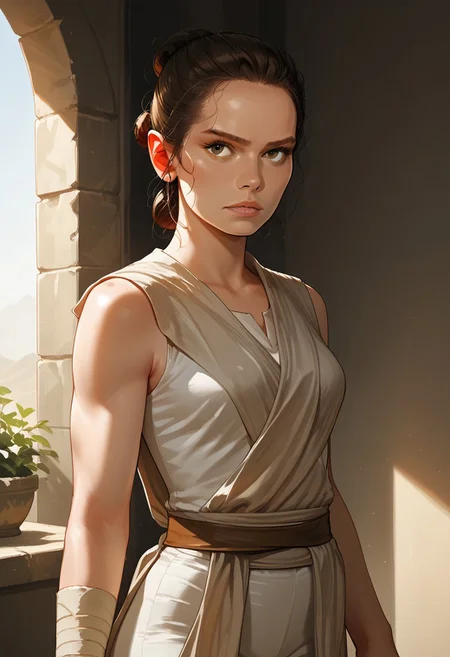 score_9, score_8_up, score_7_up, score_6_up,
1 girl , big eyes, 1 gorgeous girl)
Rey, 1girl,  solo, brown hair, brown eyes,
sleeveless, jedi, white cloth, white pants, bandages,
standing in front of the viewer,
portrait picture