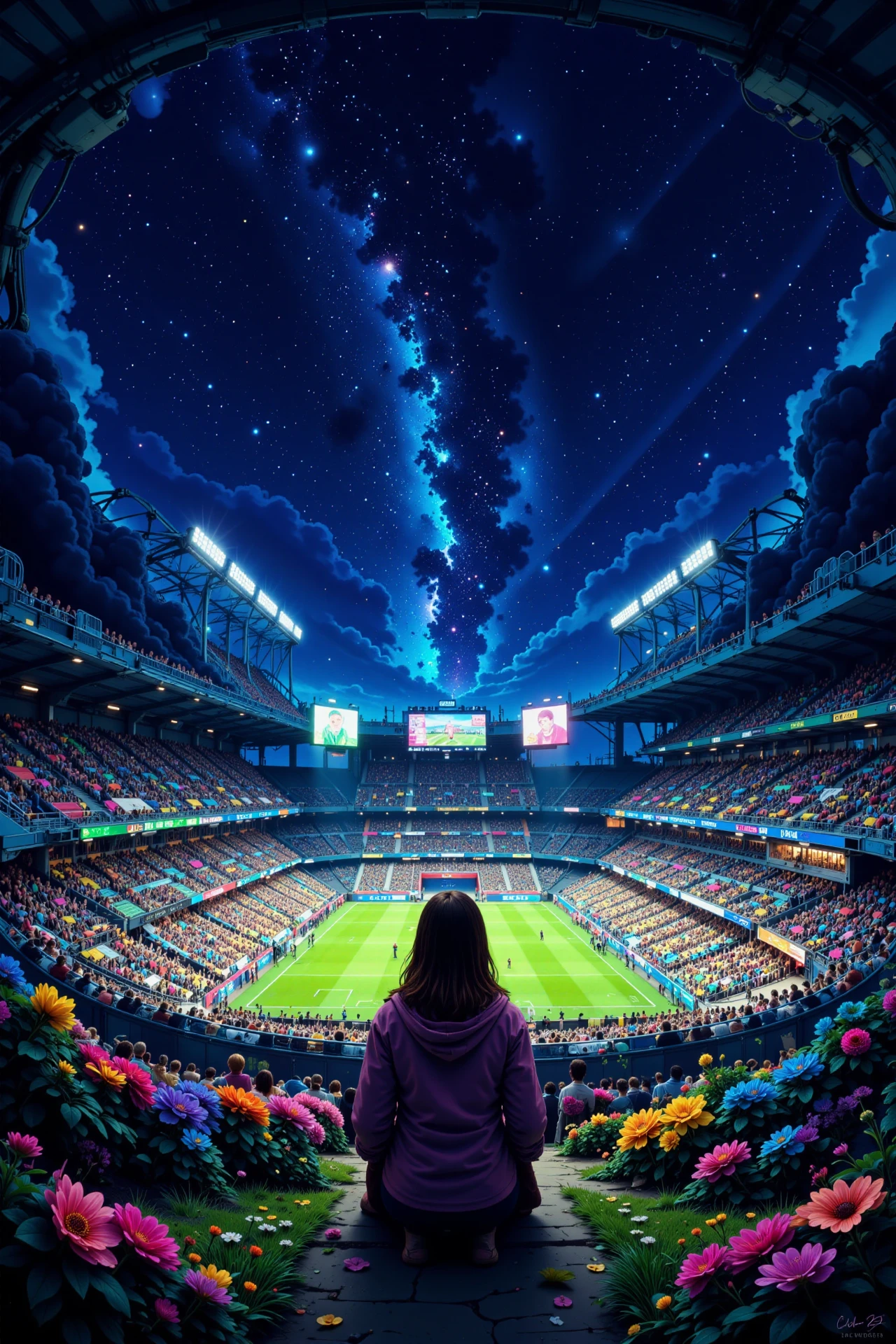 stadium, bright luminous starry night, woman, very intricate, very detailed, sharp, bright, colorful, <lora:Hand v2:0.5> <lora:Anti-Blur:1><lora:Insane Detail Slider:0.25>  <lora:flux.1_lora_flyway_Epic-detail_v2:0.3> <lora:fluxenhancer:0.25><lora:ck-Neon-Retrowave:0.4> ck-rw, in the style of ck-rw,  <lora:Neurocore Anime Cyberpunk:0.8> A digital artwork in the style of cknc