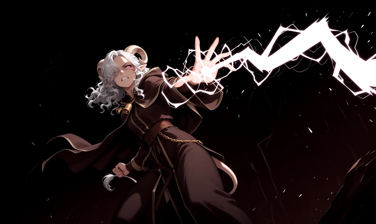 <lora:chian_lighting:0.8> chain lightning, magic, cowboy shot, from below, outstretched hand, anime, dark background,simple background, energy ball, dynamic pose, clenched teeth, slit pupils,, masterpiece, tiefling, tail, anime, pointy ears, tiefling, silver hair, ivory sheep horn,
<lora:whisker_markings:0.8>red whisker_markings:1.7, silver long wavy hair, bell necklace, short pointy ears, purple eyes, tiefling_bard_diana:1.2, hair over one eye, braid, <lora:Tiefling_bard_Diana_ILXL:1> cloak,
cow tail:1.4,, <lora:anatomy_helper:0.3> <lora:illustrious_quality_modifiers_masterpieces_v1:1> masterpiece, very aesthetic, absurdres,