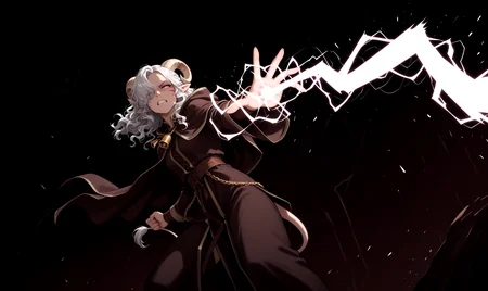 <lora:chian_lighting:0.8> chain lightning,   magic,   cowboy shot, from below, outstretched hand,   anime,    dark background,simple background,   energy ball, dynamic pose,     clenched teeth,  slit pupils,, masterpiece, tiefling, tail, anime,  pointy ears, tiefling, silver hair, ivory sheep horn,
<lora:whisker_markings:0.8>red whisker_markings:1.7, silver long wavy hair, bell necklace, short pointy ears, purple eyes, tiefling_bard_diana:1.2,   hair over one eye, braid, <lora:Tiefling_bard_Diana_ILXL:1>  cloak, 
cow tail:1.4,, <lora:anatomy_helper:0.3> <lora:illustrious_quality_modifiers_masterpieces_v1:1> masterpiece, very aesthetic, absurdres,