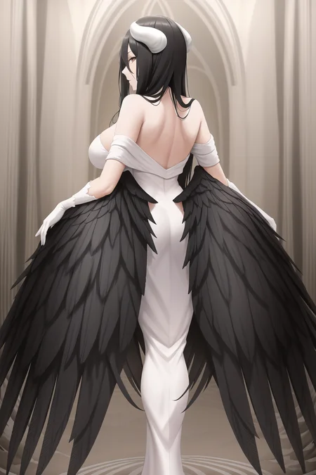 full body, woman, white horns, black wings, black hair, back view, (masterpiece:1.2), best quality, absurdres, extremely detailed wallpaper, perfect lighting, <lora:Albedo_Overlord_v1-1:0.7>