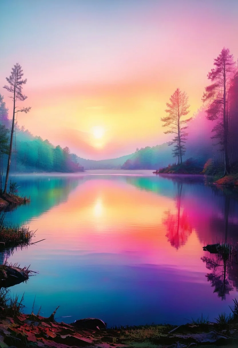 detailed photorealistic image, gradient of vibrant neon colours, image of a tranquil lake in woodland, sunset, mist
perfection style, vivid colors, colorful, vivid background, holographic, midjourneyv6.1, surr