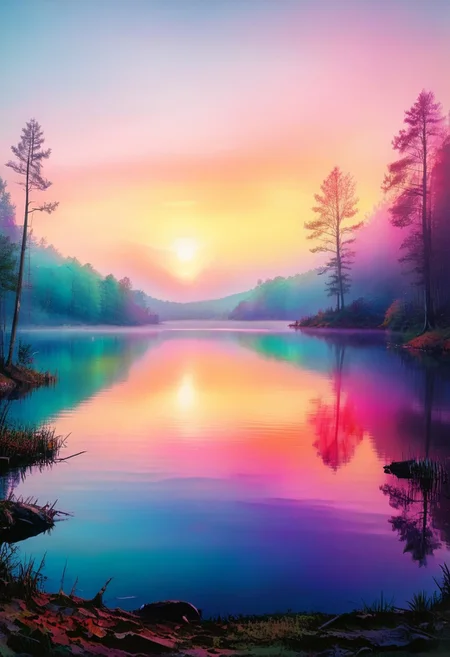 detailed photorealistic image, gradient of vibrant neon colours, image of a tranquil lake in woodland, sunset, mist
perfection style, vivid colors, colorful, vivid background, holographic, midjourneyv6.1, surr