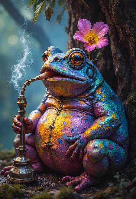 A multi-colored fat toad sitting leaning against a tree smoking a Hookah, Fantasy, surreal, Vibrant Glow