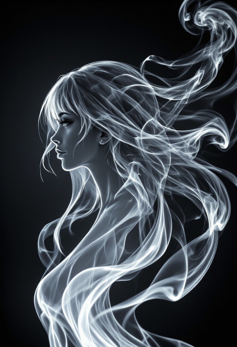 Silhouette Art, magnificent. ethereal female air elemental, long hair, bangs, made_of_smoke, translucent, ethereal, coalescing from wisps of smoke, closeup portrait, dark background