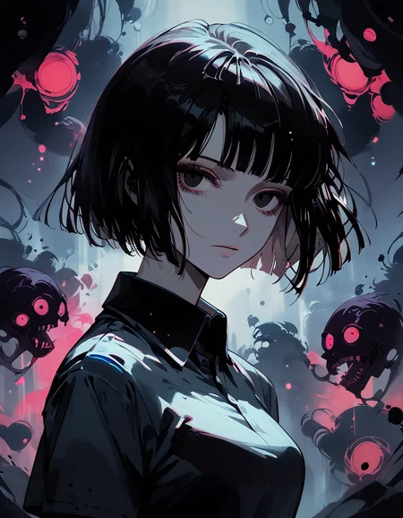 (score_9, score_8_up, score_7_up, score_6_up), 1girl, halftone effect, retro artstyle, ghosts, haunted house, short hair, black hair, black eyes, bob cut, bangs, blunt bangs, polo shirt, collared shirt, short sleeves, torn clothes, night, fog, multicolored_eyes, horror_\(theme\), from_side, head_tilt, depressed, , add-detail-xl, concept art, realistic,, abstract, abstract background, particles, colorful, gthan, gothic<lora:Pony Effects\blacksnowskill\GTHAN2.safetensors:0.8:0.8> <lora:Pony Effects\Nicows\NoctAbstract.safetensors:0.45:0.45> <lora:Pony Effects\prgfrg23\Concept Art Twilight Style SDXL_LoRA_Pony Diffusion V6 XL.safetensors:0.3:0.3> <lora:XL Enhance\w4r10ck\add-detail-xl.safetensors:0.25:0.25>
