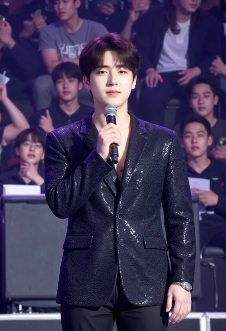 The image is a photograph of a young male korean pop idol wearing flashy clothes on stage holding mic smiling and looking at the camera