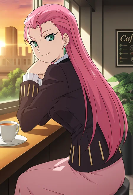 masterpiece,best quality,amazing quality,
solo, face focus,
Esuka Hibino (Cardfight Vanguard), long hair, pink hair, hair slicked back, hair down, green eyes, formal, long sleeves, earrings, jewelry, jacket, long skirt, pink skirt,
Looking at viewer, big smile, from side,
cinematic, upper body, cup of tea,
Sit, sitting, glass, sci-fi city, cafe, greenery,
afternoon, sunset,
Lens flare, bloom, detailed shadow,
Official style, anime screencap, anime coloring,
