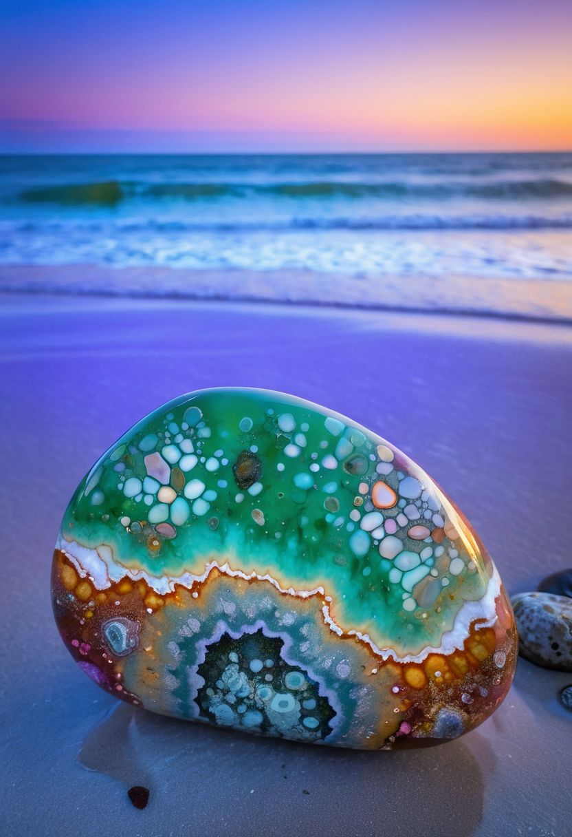soaked_tea_brand, macro photo of an ocean jasper polished large stone, light pink, deep sea-green,  lilac, and light-blue heavenly pattern that resembles sunset clouds over ocean, surrounded by tidepools on a rocky tropical beach shoreline at sunset, perfect composition, backlighting, ethereal, golden hour, vibrant colors, sparkling stone, professional lighting, glowing from within <lora:MJ52:.6>
