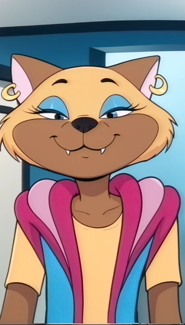 she-lion, furry, furry female, cat, solo, furry, animal ears, smile, upper body, earrings, furry female, jewelry, animal nose, body fur, shirt, makeup, closed mouth, eyeshadow, eyeliner, short sleeves, happy, blue eyeshadow, open clothes, 1girl, fang out, open vest, fang, cat ears, half-closed eyes, hood, short hair, yellow shirt