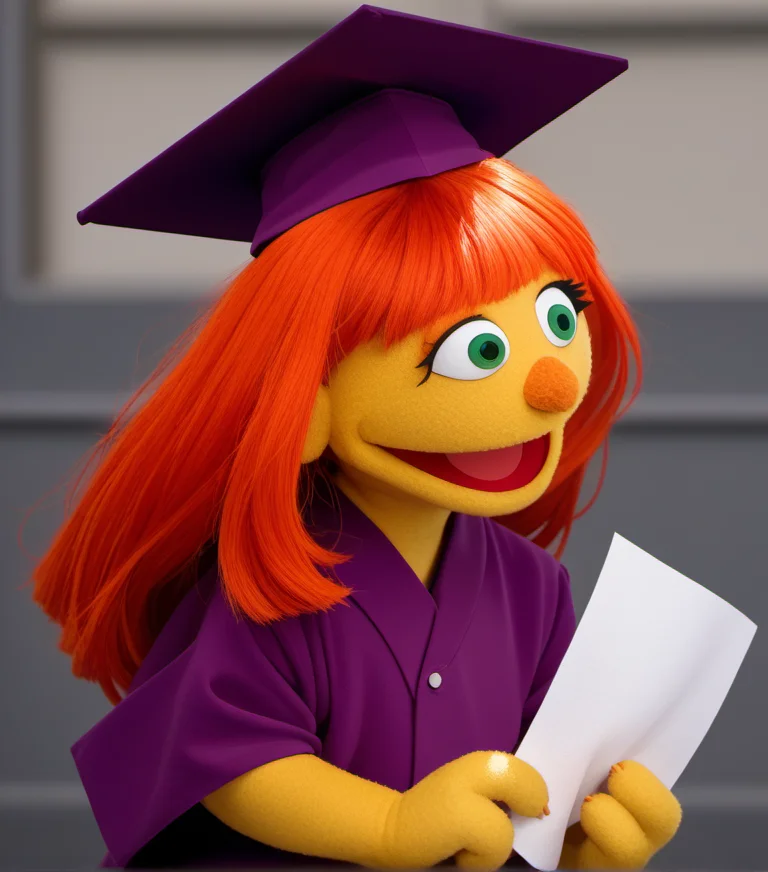 score_9, 1girl, solo, julss2, aged up, portrait, graduation photo, yellow skin, green eyes, colored skin, orange hair, long hair, purple robe, smile, open mouth, graduation cap, holding paper, looking at viewer, four fingers, <lora:julss2-000009:1>,