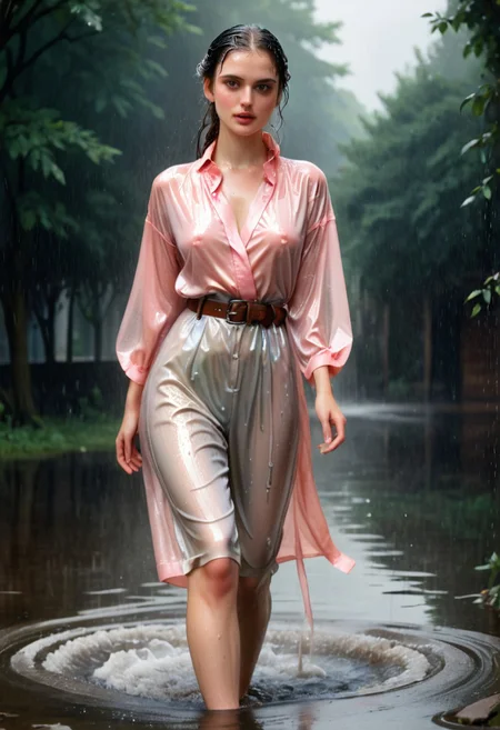 woman 30 YO, foto, masterpiece, score_9, long dark,((drenched wet))hair, realistic, brown eyes, soaked wet clothes,beautiful, ((realistic)), Raw Photo, Her sexy body stiff tits and nipples are shimmering through her wet clothes. Fully clothes bathing, Fashion Bath. Wet, colorful Girls Dress and Sweet fashion, aristocratic, pink blouse, silk pants,belt, robe.