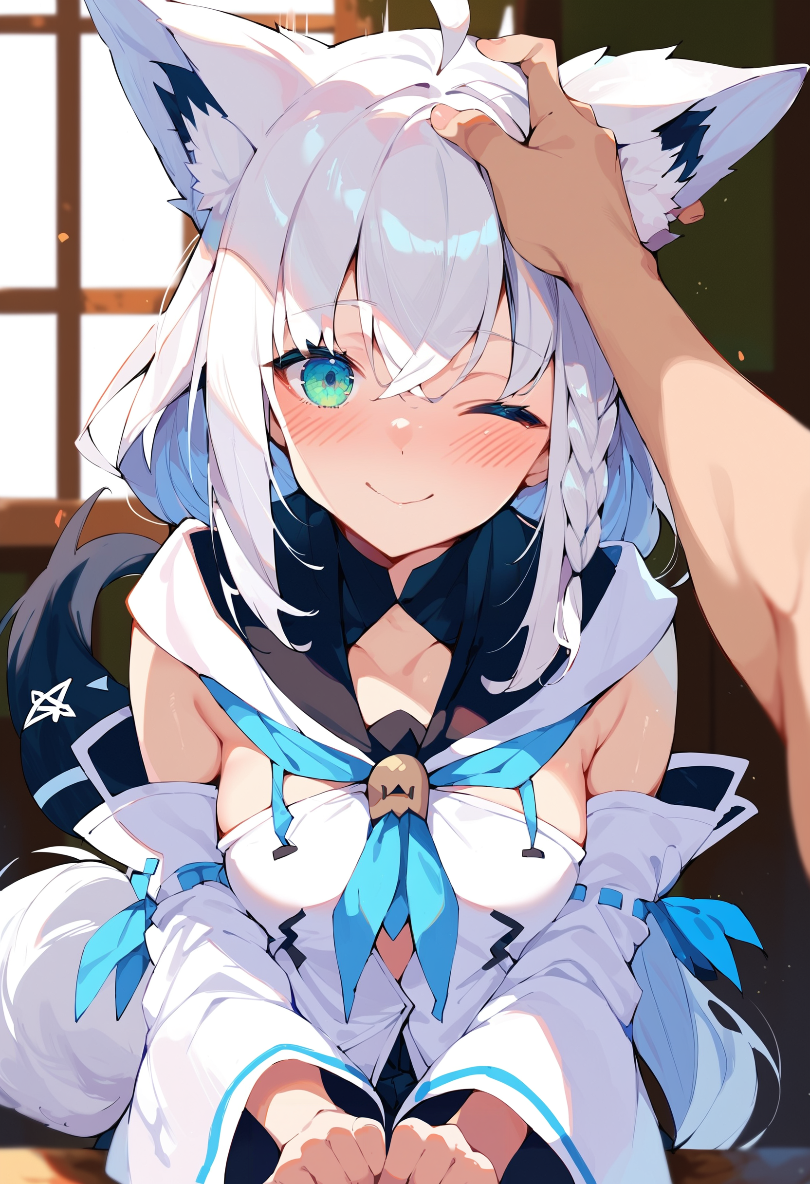 score_9, score_8_up, score_7_up, score_6_up, source anime,
shirakami fubuki, fubuki base, one eye closed, white hair, blush, braid, pov, fox tail, looking at viewer, pov hands, headpat, solo focus, smile, indoors
<lora:shirakami_fubuki_v2:1>