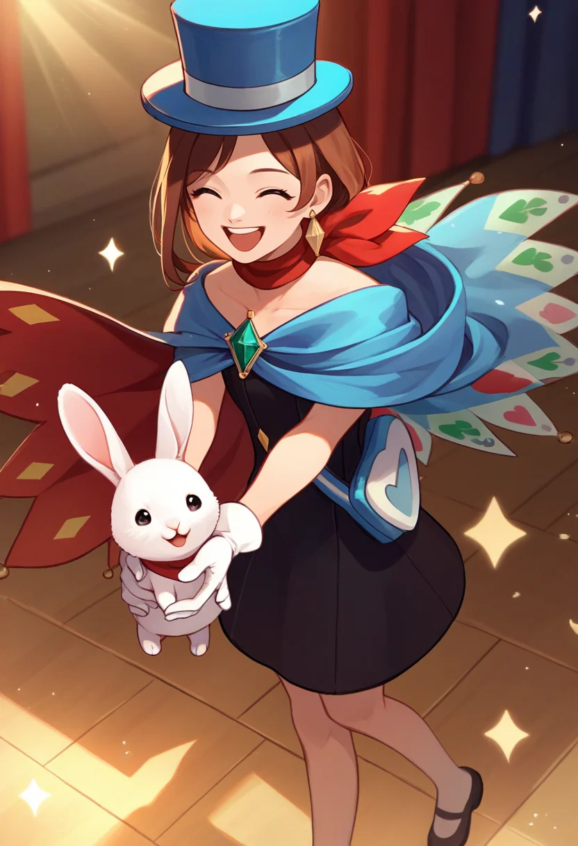 score_9, score_8_up, score_7_up, source_anime, solo, 1girl, trucy wright, happy, animal, holding rabbit, top hat, dress, cape, white gloves, scarf, earrings, stage <lora:aa_trucywright_ponyXL:1>