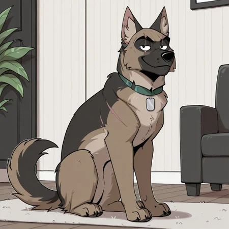 Brutus(P.B.), solo, 1boy, feral, dog, german shepherd, black and brown fur, black eyes, scar across eyes, dog tail, black nose, green collar, silver dog tag, looking at viewer, full body, smiling, sitting, living room background,