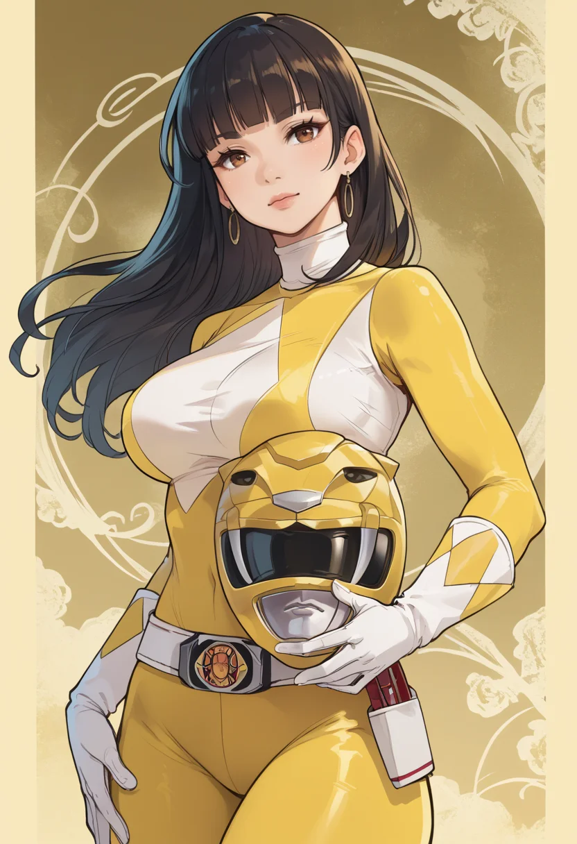 (score_9:0.9),score_8_up,score_7_up,rating_safe,anime style,(zPDXL),<lora:Yellow power rangerponyXL v1:0.77>,yellow bodysuit,yellow power ranger,yellow motorcycle helmet,1girl,solo,black hair,white gloves,long hair,helmet removed,large breasts,brown eyes,blunt bangs,holding helmet,