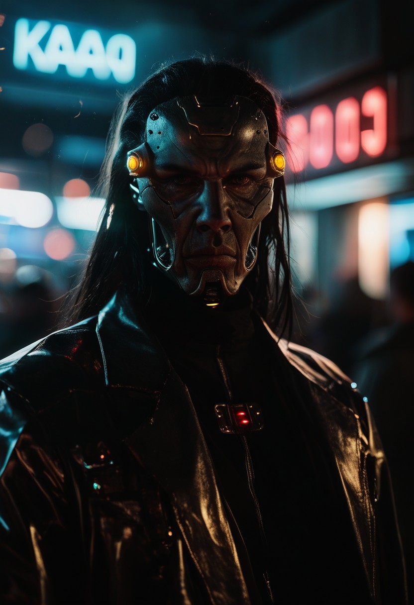score_9, score_8_up, score_7_up, cyborg, ar3na1989, Kodak Motion Picture Film Style, robot,  ((long face)), visor, (neon gold light), thug, (bokeh), sci-fi, dark atmosphere, moody, dark hair, aesthetic,