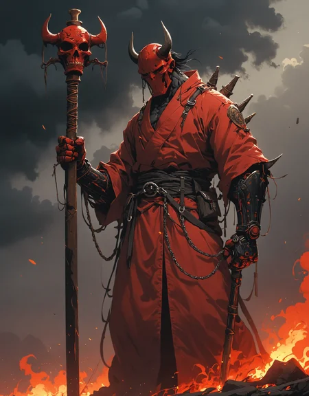 Manga style, giant guardian of hell gate, hammer head, no face, one inverted horn, disproportionate, cyborg style, red skin, shackles, holding a burning staff, strong, powerful, furious, fantasy style, Oscar Chichoni, Jeff Simpson, Jean Baptiste Monge, Berksinski, dark environment and black clouds, fire, (Turner), high contrast, dark blue and red tones, hyper realistic, 4K<lora:Sinozick:1> <lora:epi_noiseoffset2:1>