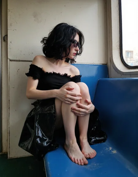 s2ms8ng, candid, amateur-style photograph taken at a tilted Dutch angle inside a worn soviet-era metro train. teenager girl, pale skin and jet-black voluminous hair sits barefoot on the blue seat, her knees pulled close to her chest with her feet also on the seat. She's wearing a black off-the-shoulder crop top with frayed edges and pvc skirt. She's also wearing narrow rectangular sunglasses reminiscent of early 2000s fashion. gritty textures, harsh fluorescent lighting, and a nostalgic urban feel.