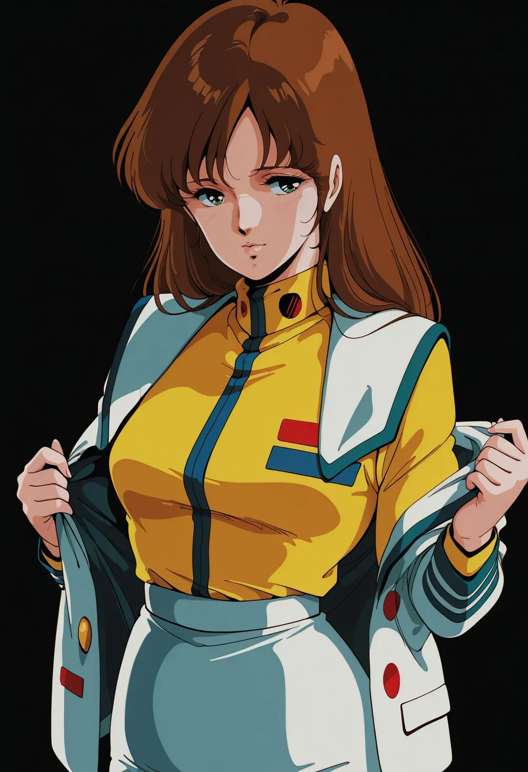 masterpiece,best quality,amazing quality, absurdres, <lora:hayase_misa_the_super_dimension_fortress_macross_ilxl_goofy:1> hayase misa,1girl,solo,long hair,brown hair,green eyes,retro artstyle,1980s \(style\),,military uniform,yellow shirt,pencil skirt,white jacket,open jacket, undressing, black background