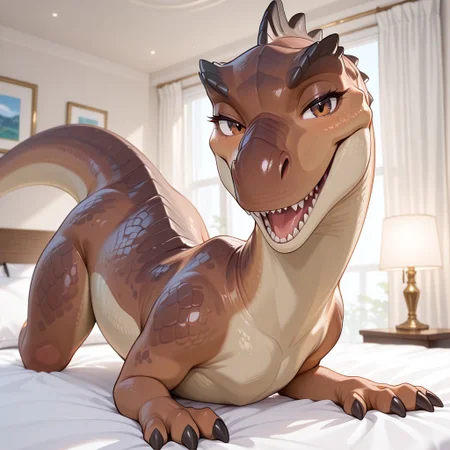 1girl, highres, absurdres, newest, masterpiece, best quality, furry, furry_female, Mommatrex_ia, dinosaur, brown scales, tail, claws, brown eyes, (quadruped, feral:1.3), detailed eyes, on_bed, on_stomach, open_mouth, open mouth smile, luxurious detailed room, bright room, day scene, professional lighting, white bed, solo, bedroom, smiling, seductive, looking_at_viewer, masterpiece, close up, safe