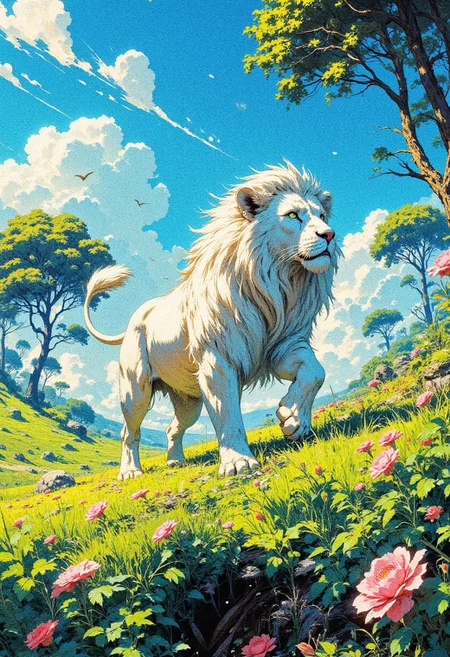 (soft bloom)
A majestic white lion walking gracefully through a lush green savannah under a bright blue sky with fluffy white clouds. The scene is vibrant and full of life, with sunlight casting warm highlights on the lion's fur and creating dynamic shadows in the grass. The environment is rich in detail, featuring soft wind-blown grass, delicate flowers in the foreground, and tall trees in the background. The style blends anime aesthetics with a semi-realistic approach, emphasizing clean lines, vivid colors, and a harmonious composition. Cinematic lighting enhances the sense of movement and grandeur