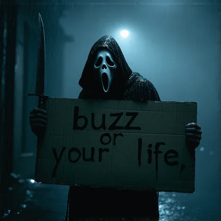 cinematic high resolution realistic photo still of ghostface from scream holding a sign with "buzz or your life" written on it and a big knife in the other hand,dark setting,horror mood,he is in the middle of a street at night,raining,there is a lot of fog,the depth of field enhance the photo,the photo is extremely detailed and sharp,high resolution,high quality,upper body shot