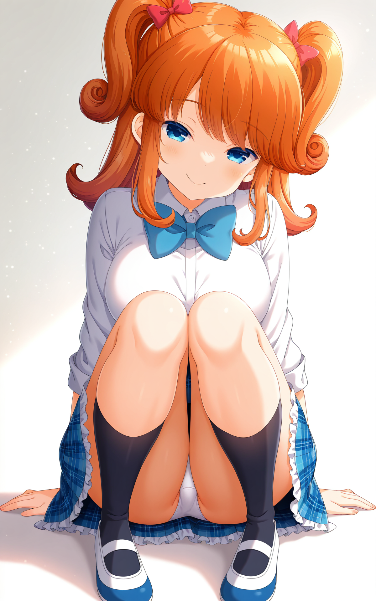 masterpiece,best quality,good quality,newest,4k,perfect lighting,cinematic,very aesthetic,official art,anime screencap,anime coloring,(((white background, simple background))),
1girl,solo,sagara emi,orange hair,long hair,two side up,bangs,hair bow,blue eyes,
white shirt,collared shirt,long sleeves,blue bowtie,blue skirt,plaid skirt,frilled skirt,miniskirt,white panties,thighs,black socks,blue uwabaki,full body,
sitting,arms at sides,knees up,knees together feet apart,pantyshot,looking at viewer,half closed eyes,naughty face,head tilt,facing viewer,BREAK
<lora:ILemi:1>