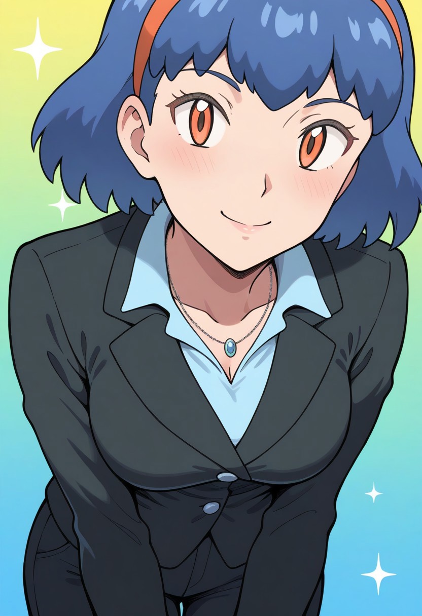 [[hinosaki, leveen]], 2d, masterpiece, best quality, amazing quality, 1girl, solo, close-up, standing, smile, upper body, leaning_forward, looking at viewer, multicolored background, sparkle, gradient background, colorful background, green background, blue background, office lady, black jacket, collared shirt, necklace, medium breasts, black pants, long pants, (mature female, adult body, grown up, aged up), xymiette, miette \(pokemon\), orange eyes, blue hair, short hair